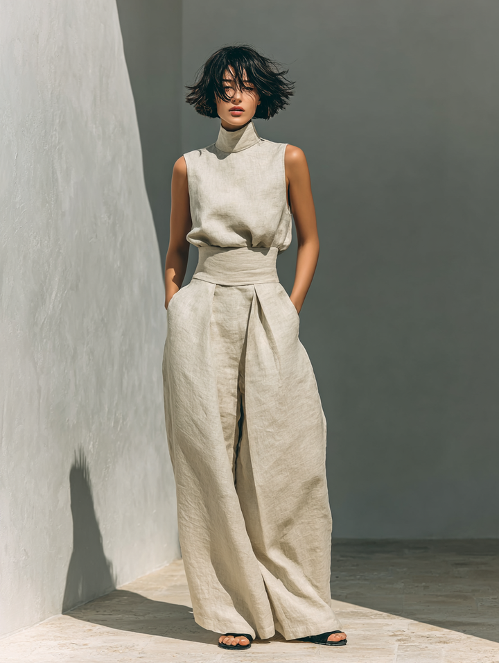 Maria - Women's Minimalist Cotton and Linen Tank Top & Wide-Leg Pants Set