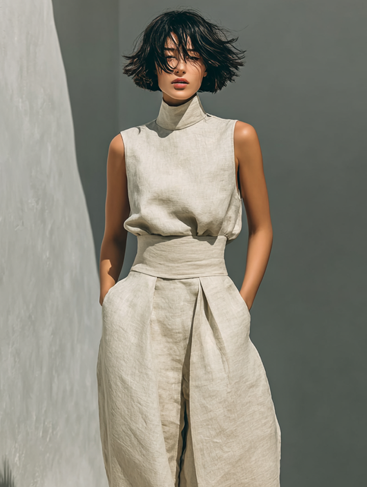 Maria - Women's Minimalist Cotton and Linen Tank Top & Wide-Leg Pants Set