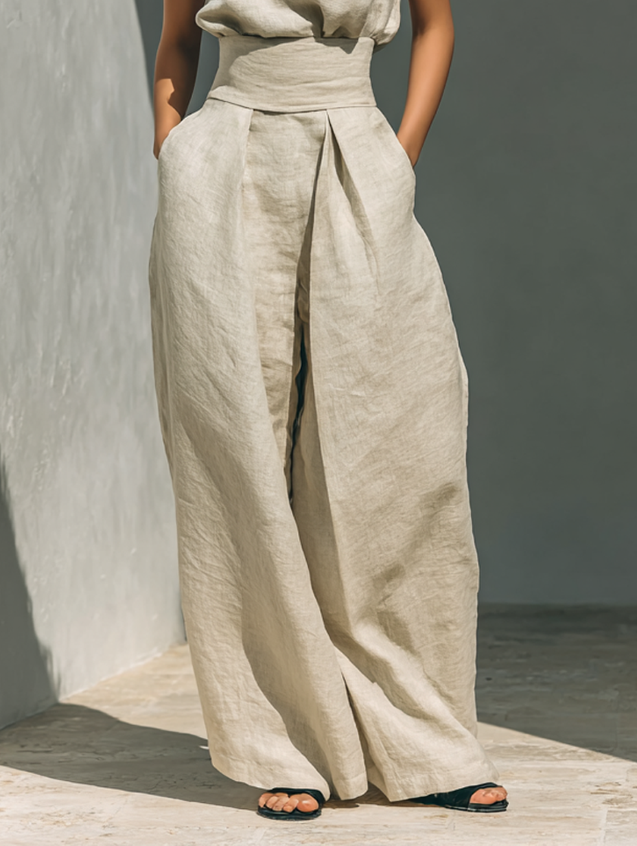 Maria - Women's Minimalist Cotton and Linen Tank Top & Wide-Leg Pants Set