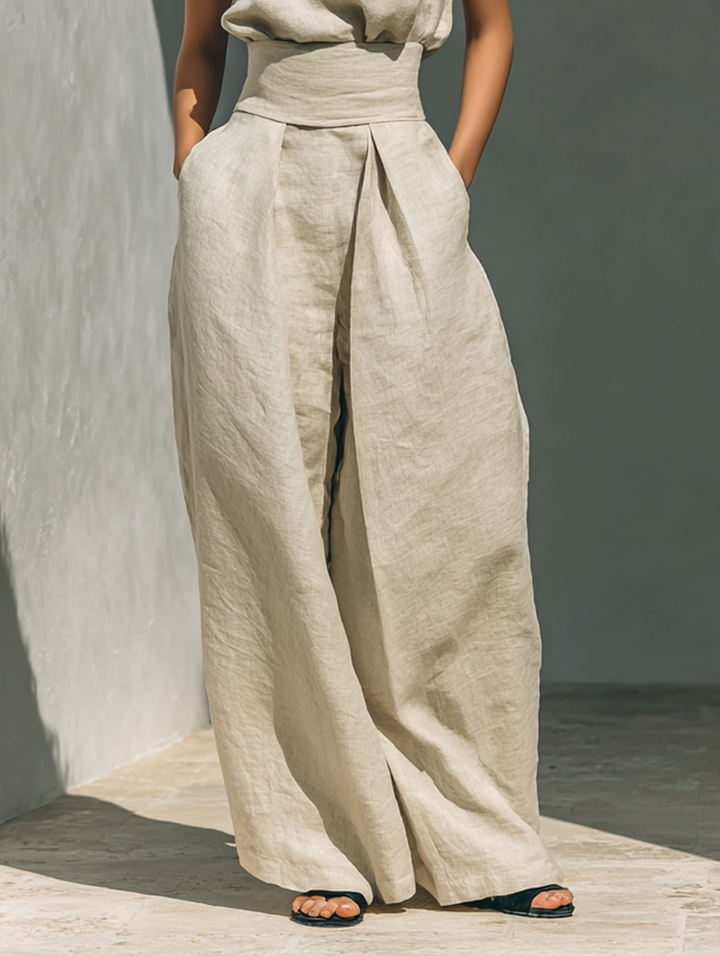 Maria - Women's Minimalist Cotton and Linen Tank Top & Wide-Leg Pants Set