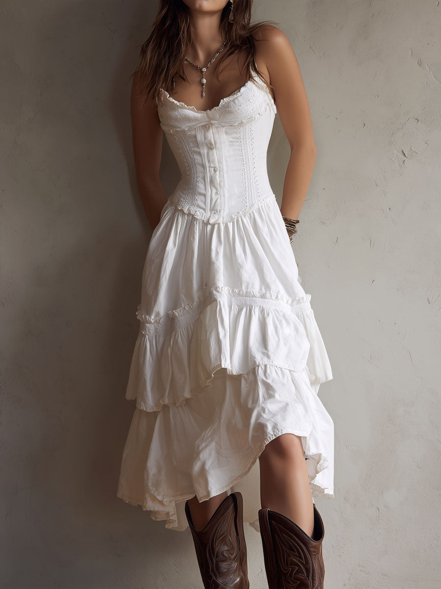 Retro Boho Corset Tiered Midi Dress With Lace-Trim