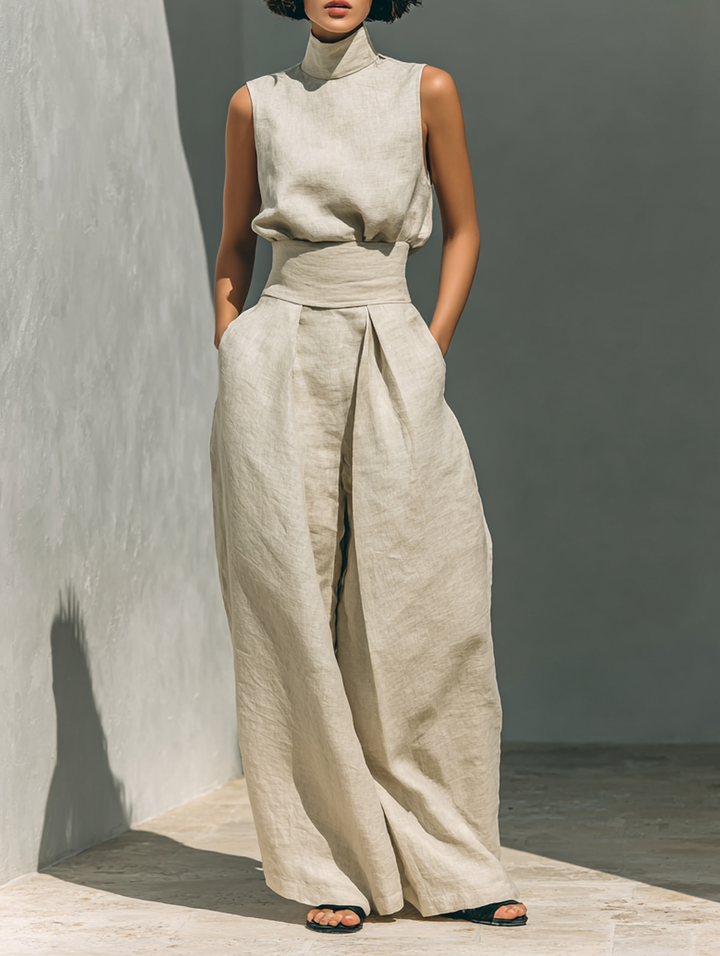 Maria - Women's Minimalist Cotton and Linen Tank Top & Wide-Leg Pants Set