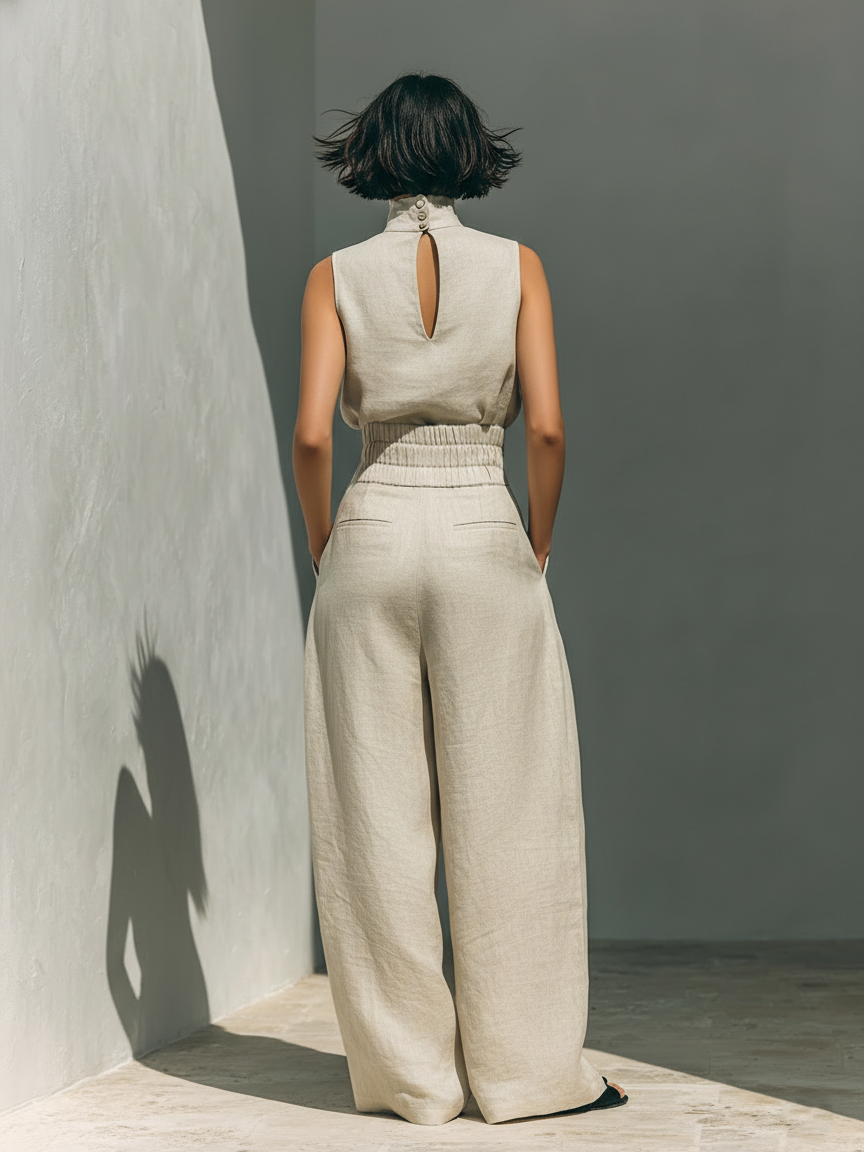 Maria - Women's Minimalist Cotton and Linen Tank Top & Wide-Leg Pants Set