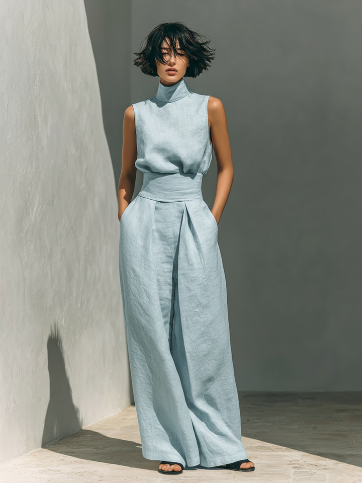 Maria - Women's Minimalist Cotton and Linen Tank Top & Wide-Leg Pants Set