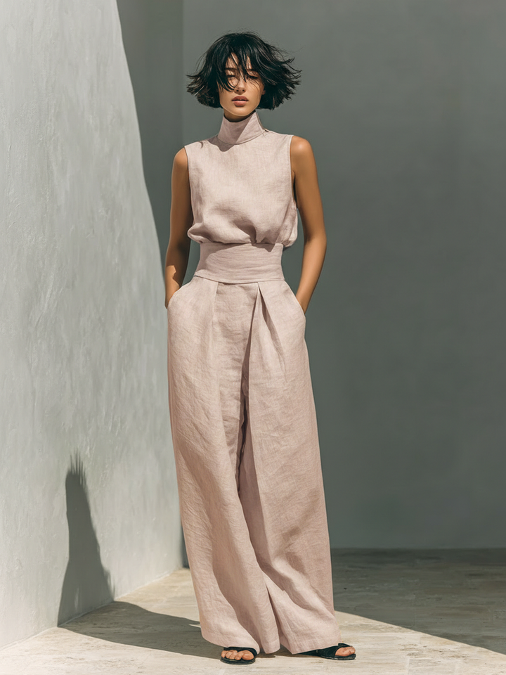 Maria - Women's Minimalist Cotton and Linen Tank Top & Wide-Leg Pants Set