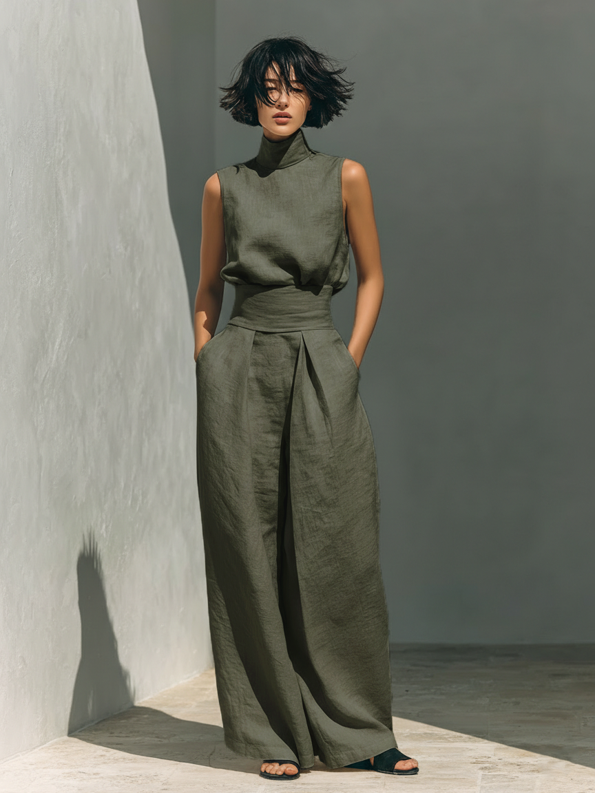 Maria - Women's Minimalist Cotton and Linen Tank Top & Wide-Leg Pants Set