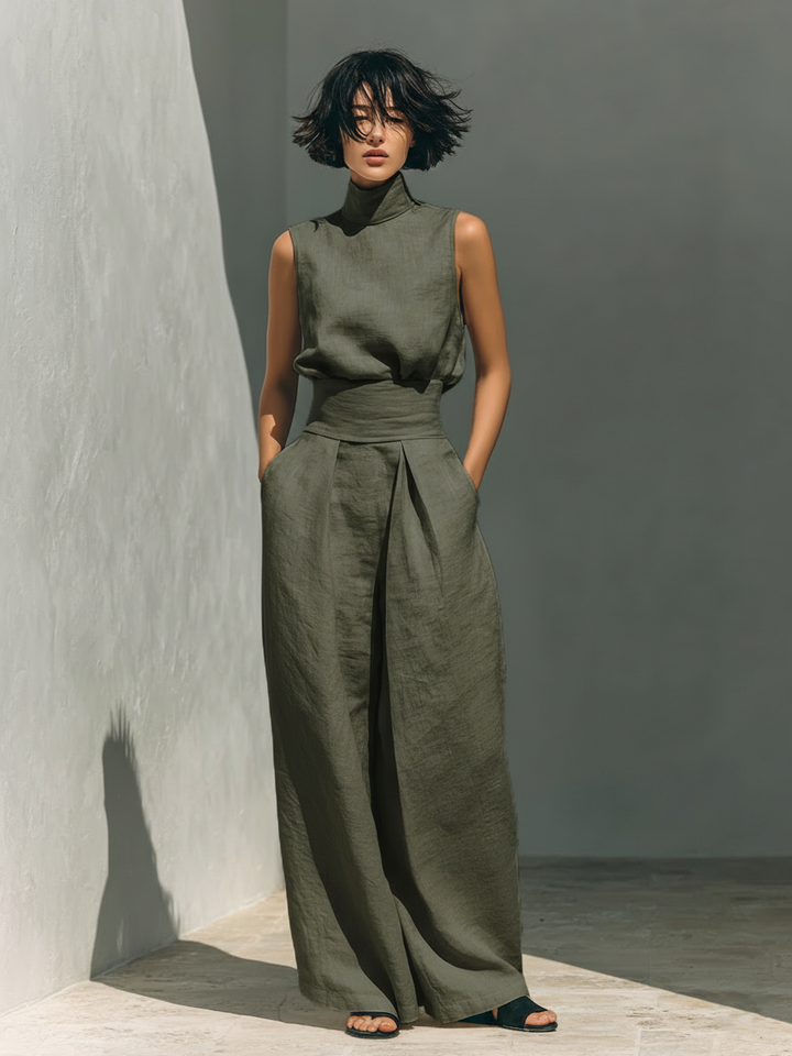 Maria - Women's Minimalist Cotton and Linen Tank Top & Wide-Leg Pants Set
